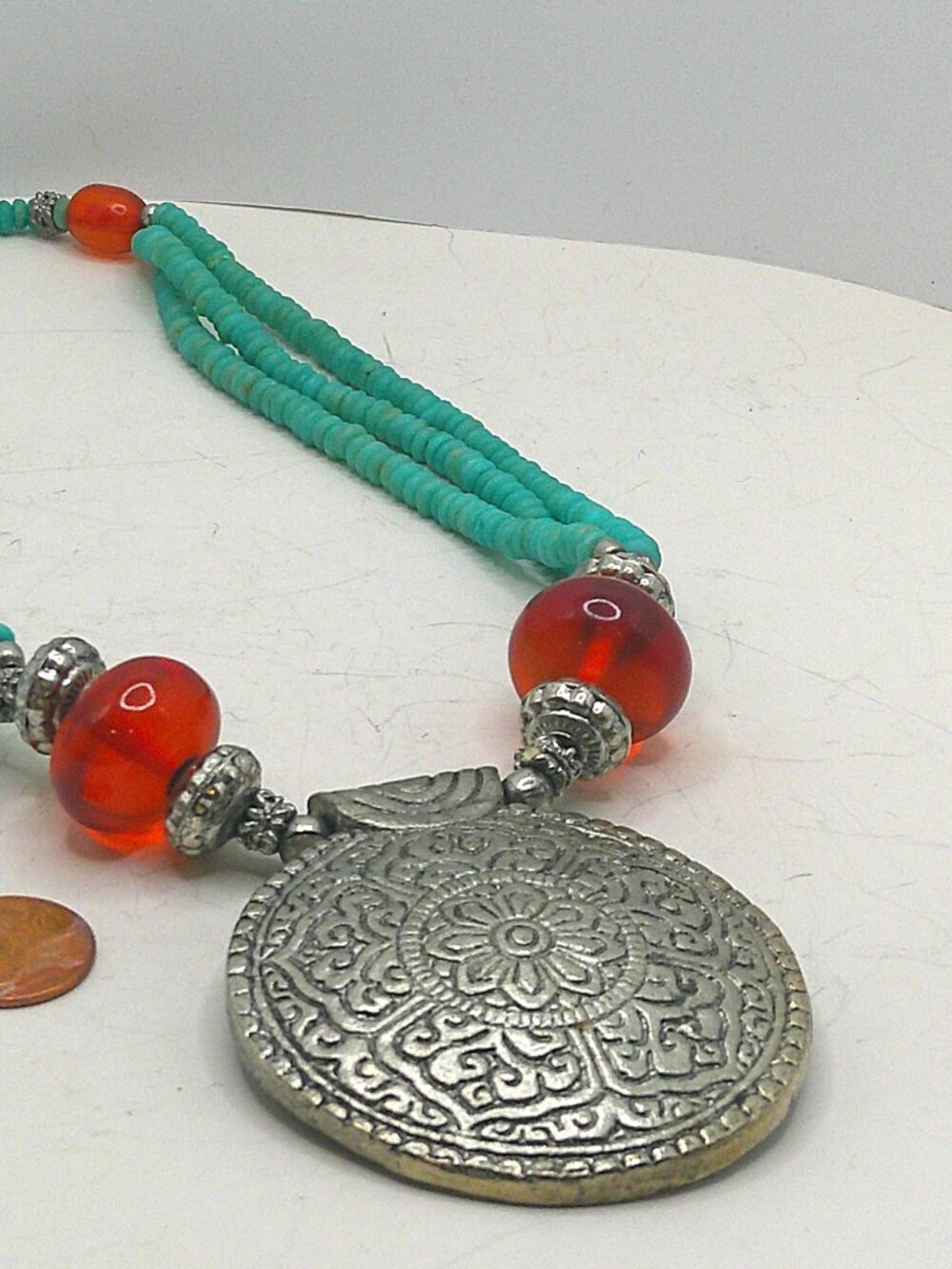Silvertone Medallion on Simulated Turquoise Necklace